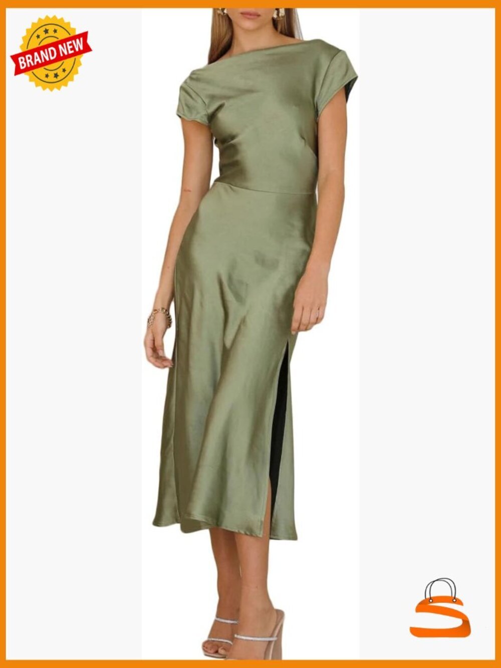 Satin Elegance Backless Twist Cap Sleeves Midi Dress Cowl Neck Slit Cocktail